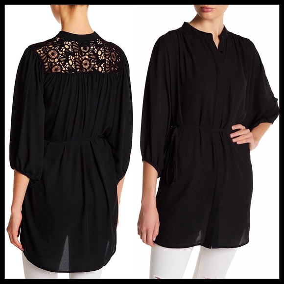 BLACK V-NECK BOHO CROCHET LACE TUNIC TOP BLOUSE - Picture 4 of 8